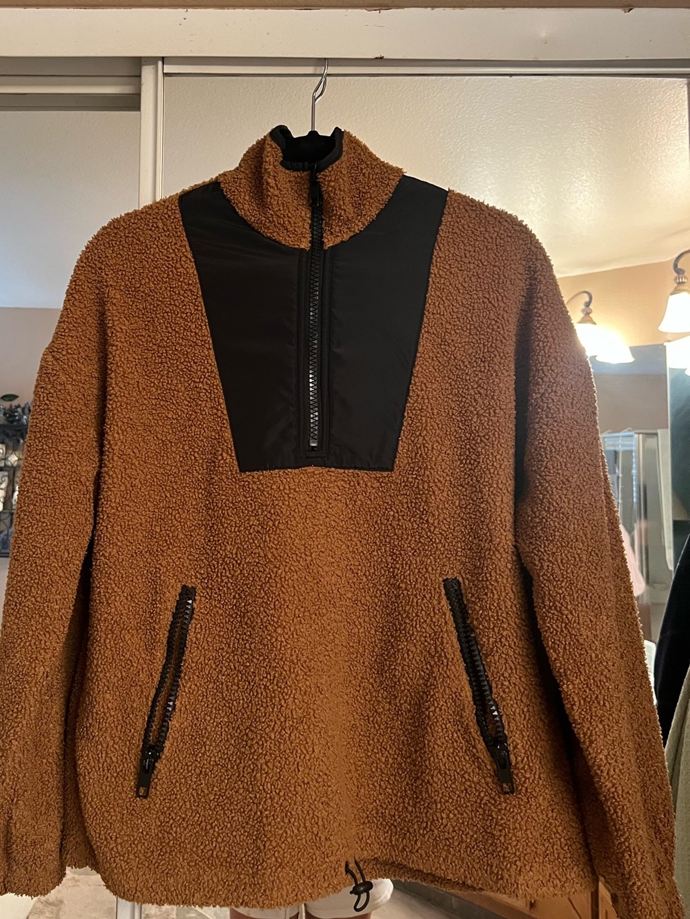 Forever 21 woman’s Brown Sherpa Zip Pullover with Black Bib